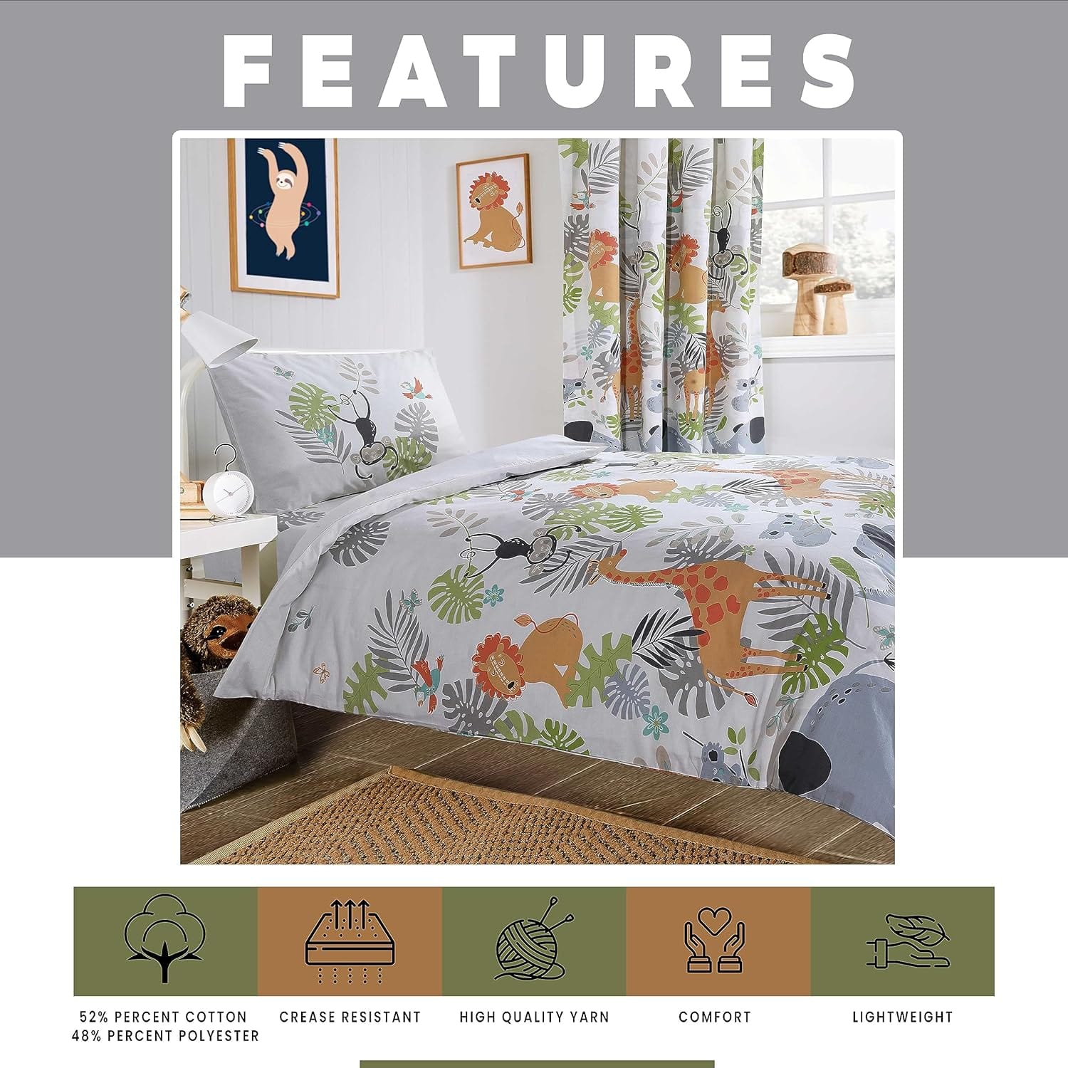 Kids Safari Duvet Cover Set Soft Lightweight Bedding Set with Pillowcase Printed Design OLIVIA ROCCO Kids Safari Duvet Cover Set