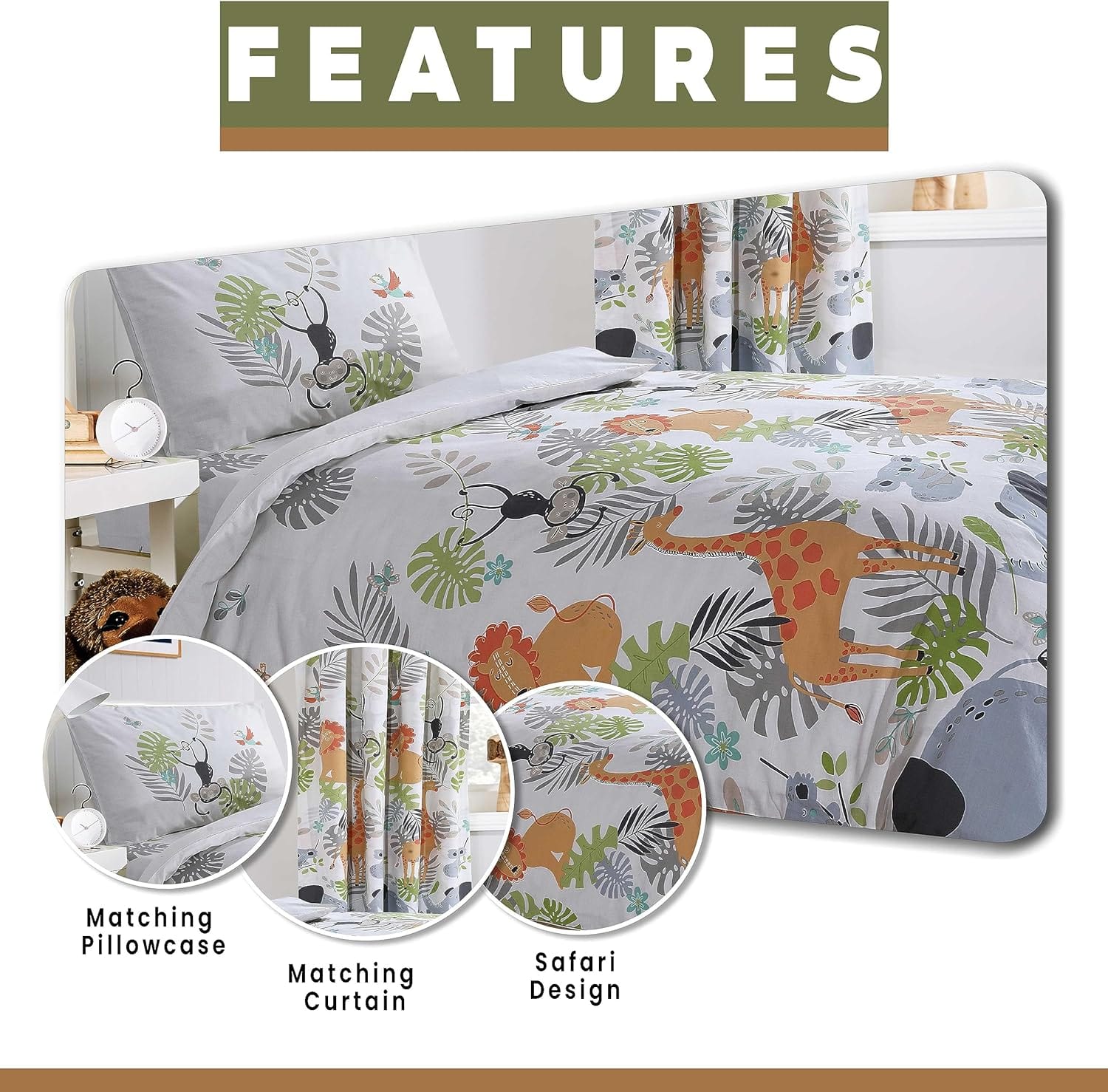 Kids Safari Duvet Cover Set Soft Lightweight Bedding Set with Pillowcase Printed Design OLIVIA ROCCO Kids Safari Duvet Cover Set