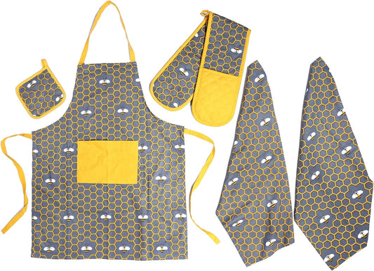 Kitchen Sets Apron Double Oven Gloves Towel Set Heat Resistant Oven Mitts Pot Holder for Home Kitchen Baking and Cooking Pack of 5 by OLIVIA ROCCO BEES Apron