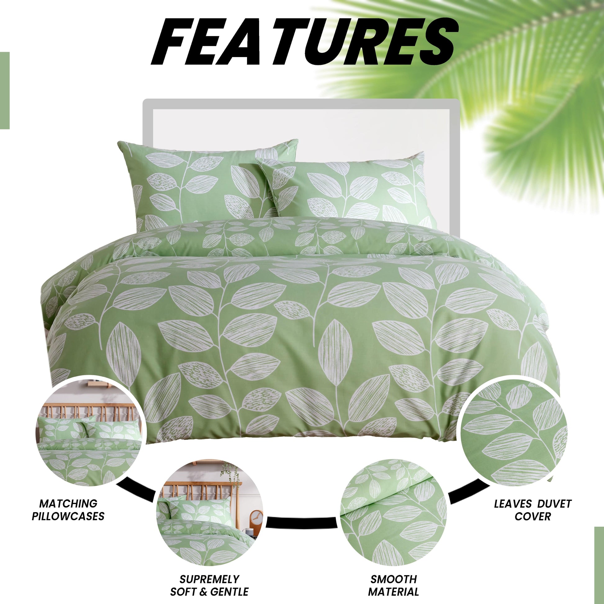 Leaves Printed Duvet Cover Set Reversible Pattern Quilt Bed Cover Sets with Pillowcase OLIVIA ROCCO Duvet Cover