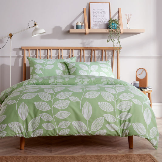 Leaf Print Reversible Cotton Rich Duvet Cover Set with Pillowcases Nature Inspired Bedding in Black and Gray All Sizes OEKO-TEX Certified by OLIVIA ROCCO SINGLE / SAGE GREEN Duvet Cover