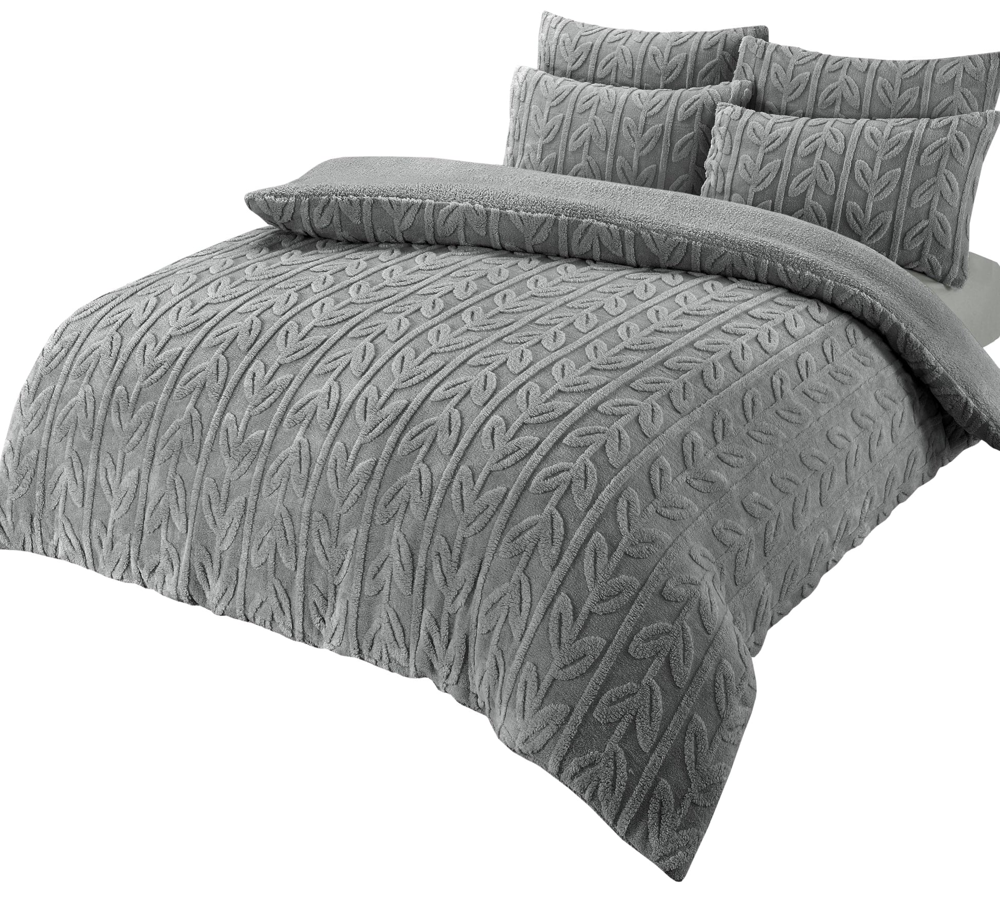 Leaf Print Teddy Fleece Duvet Set with Reversible Sherpa Fleece Ultra-Soft Winter Bedding for Single Double King Size Beds by OLIVIA ROCCO SINGLE / GREY Duvet Cover