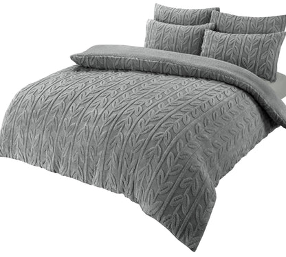Leaf Print Teddy Fleece Duvet Set with Reversible Sherpa Fleece Ultra-Soft Winter Bedding for Single Double King Size Beds by OLIVIA ROCCO SINGLE / GREY Duvet Cover