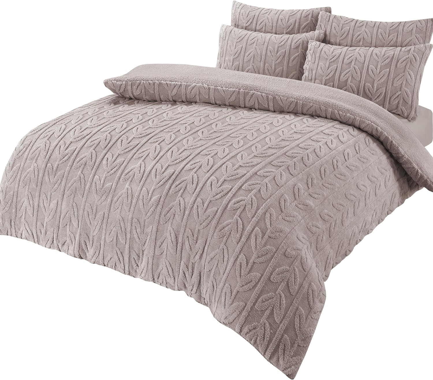 Leaf Print Teddy Fleece Duvet Set with Reversible Sherpa Fleece Ultra-Soft Winter Bedding for Single Double King Size Beds by OLIVIA ROCCO SINGLE / NATURAL Duvet Cover
