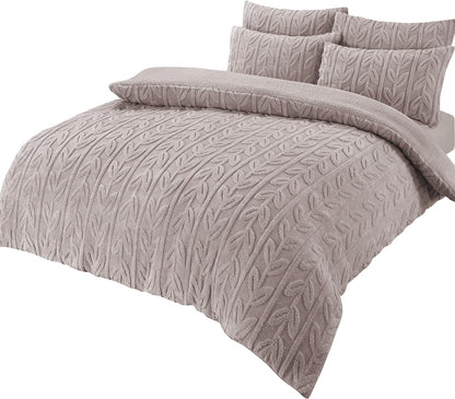 Leaf Print Teddy Fleece Duvet Set with Reversible Sherpa Fleece Ultra-Soft Winter Bedding for Single Double King Size Beds by OLIVIA ROCCO SINGLE / NATURAL Duvet Cover