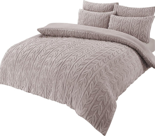 Leaf Print Teddy Fleece Duvet Set with Reversible Sherpa Fleece Ultra-Soft Winter Bedding for Single Double King Size Beds by OLIVIA ROCCO SINGLE / NATURAL Duvet Cover