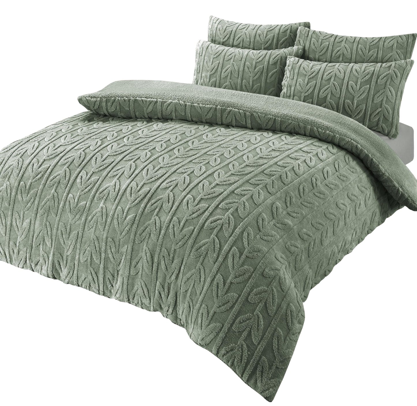Leaf Print Teddy Fleece Duvet Set with Reversible Sherpa Fleece Ultra-Soft Winter Bedding for Single Double King Size Beds by OLIVIA ROCCO SINGLE / SAGE GREEN Duvet Cover