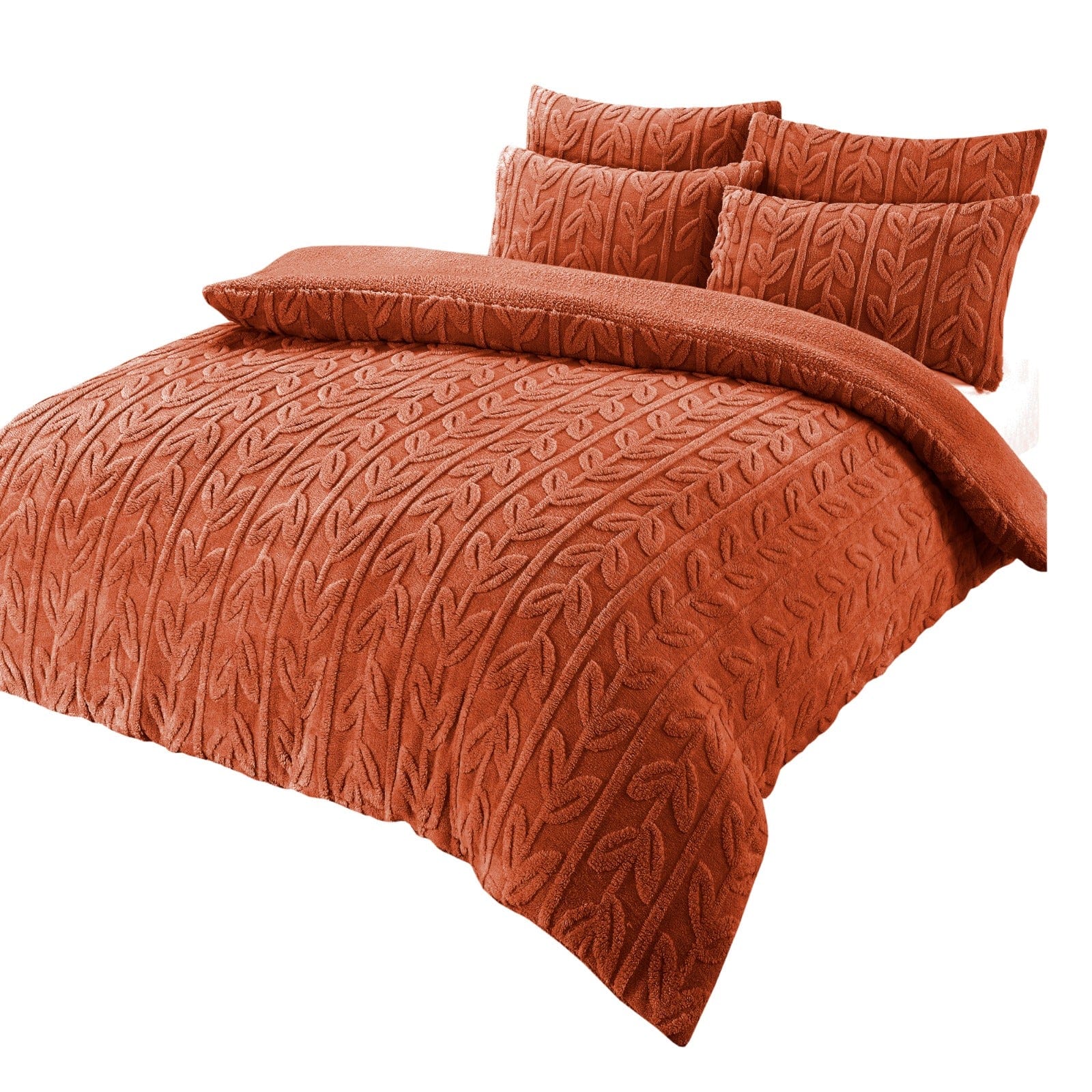 Leaf Print Teddy Fleece Duvet Set with Reversible Sherpa Fleece Ultra-Soft Winter Bedding for Single Double King Size Beds by OLIVIA ROCCO SINGLE / SPICE ORANGE Duvet Cover