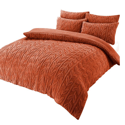 Leaf Print Teddy Fleece Duvet Set with Reversible Sherpa Fleece Ultra-Soft Winter Bedding for Single Double King Size Beds by OLIVIA ROCCO SINGLE / SPICE ORANGE Duvet Cover