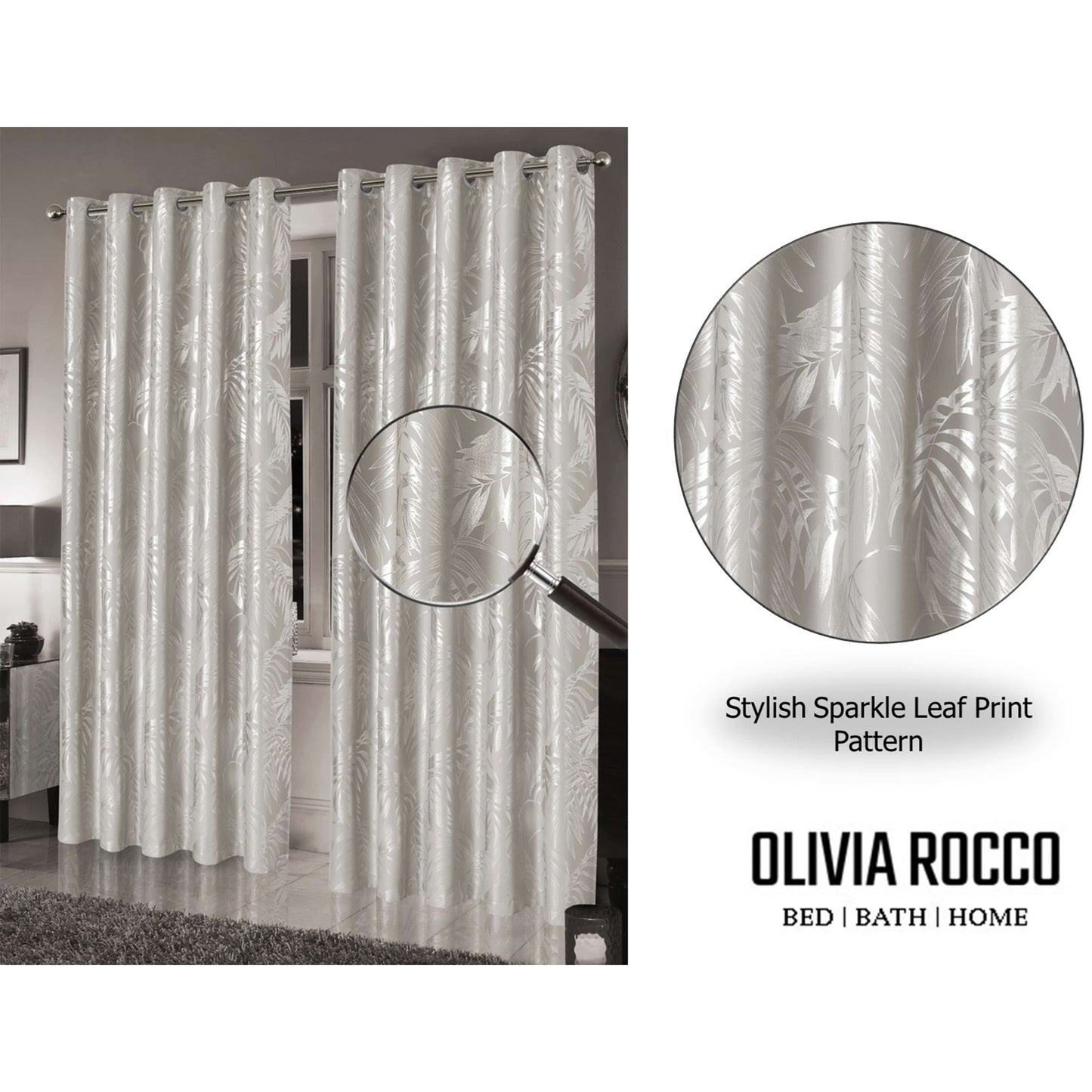 Leaf Sparkle Blackout Curtains Super Soft Thermal Insulated Eyelet Drapes for Living Room & Bedroom 2 Panels(Natural) OLIVIA ROCCO Curtain