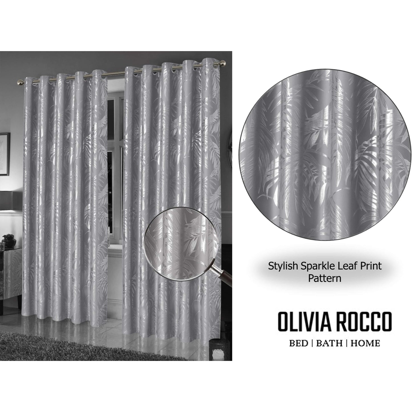 Leaf Sparkle Blackout Curtains Super Soft Thermal Insulated Eyelet Drapes for Living Room & Bedroom 2 Panels(Silver) OLIVIA ROCCO Curtain