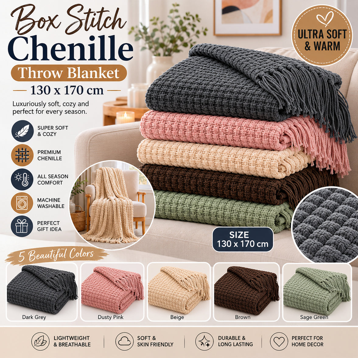 OLIVIA ROCCO Box Stitch Chenille Throw Soft Microfibre 130 x 170 cm