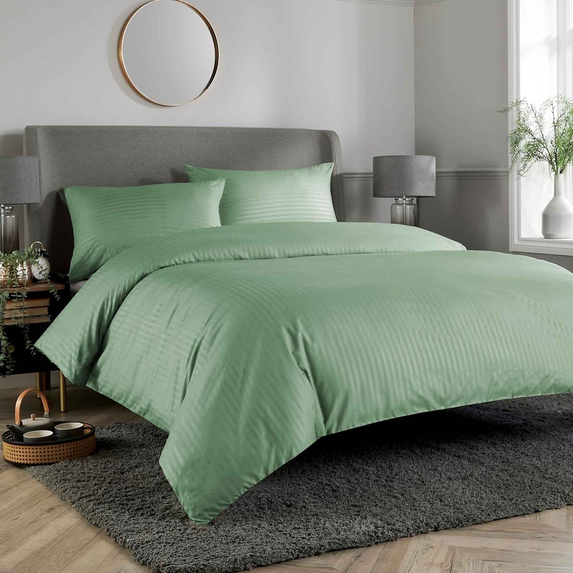 Mayfair Stripe Elegant Reversible Satin Duvet Cover Set with Comforter Multiple Sizes & Colours Luxurious Bedding Collection by OLIVIA ROCCO SINGLE / SAGE GREEN Duvet Cover