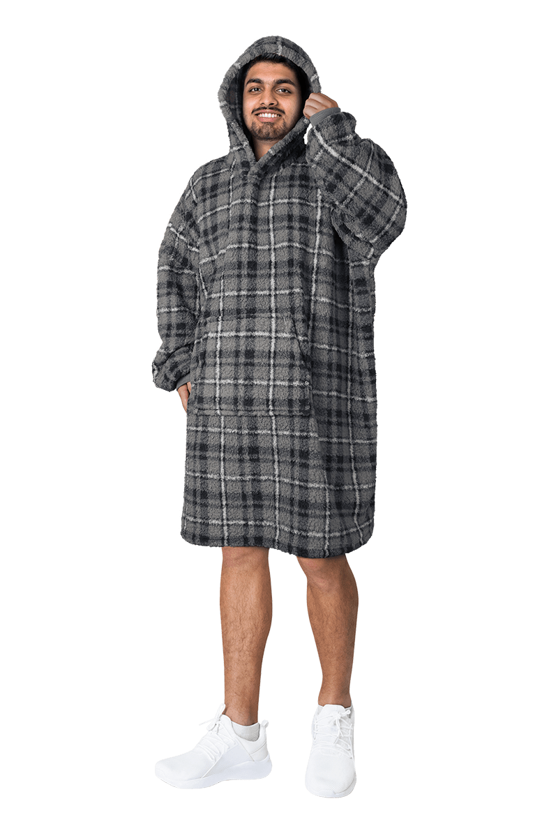 Men's Hooded Oversized Blanket, Hoodie Blankets With Sherpa Lining GREY CHECK OLIVIA ROCCO Sleepwear & Loungewear