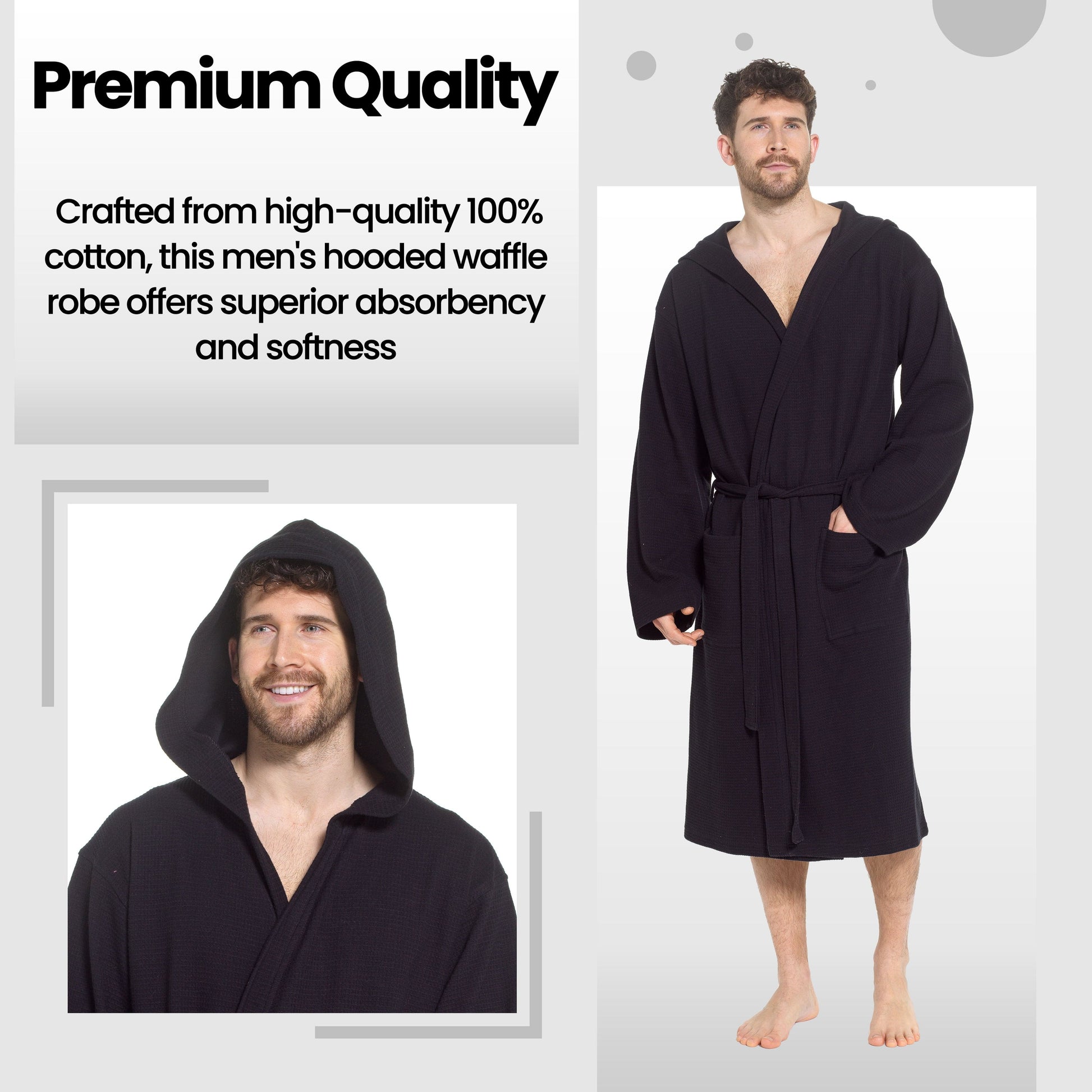 Men’s Hooded Waffle Cotton Bathrobe Black Super Absorbent Spa Robe Luxury Dressing Gown for Home & Loungewear by OLIVIA ROCCO Bathrobe