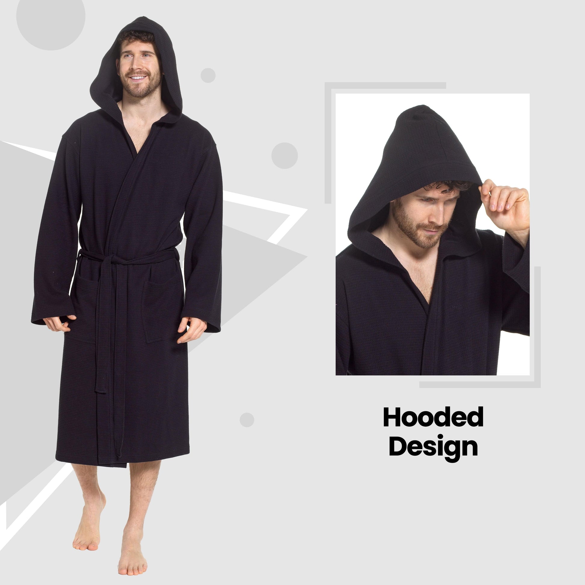Men’s Hooded Waffle Cotton Bathrobe Black Super Absorbent Spa Robe Luxury Dressing Gown for Home & Loungewear by OLIVIA ROCCO Bathrobe