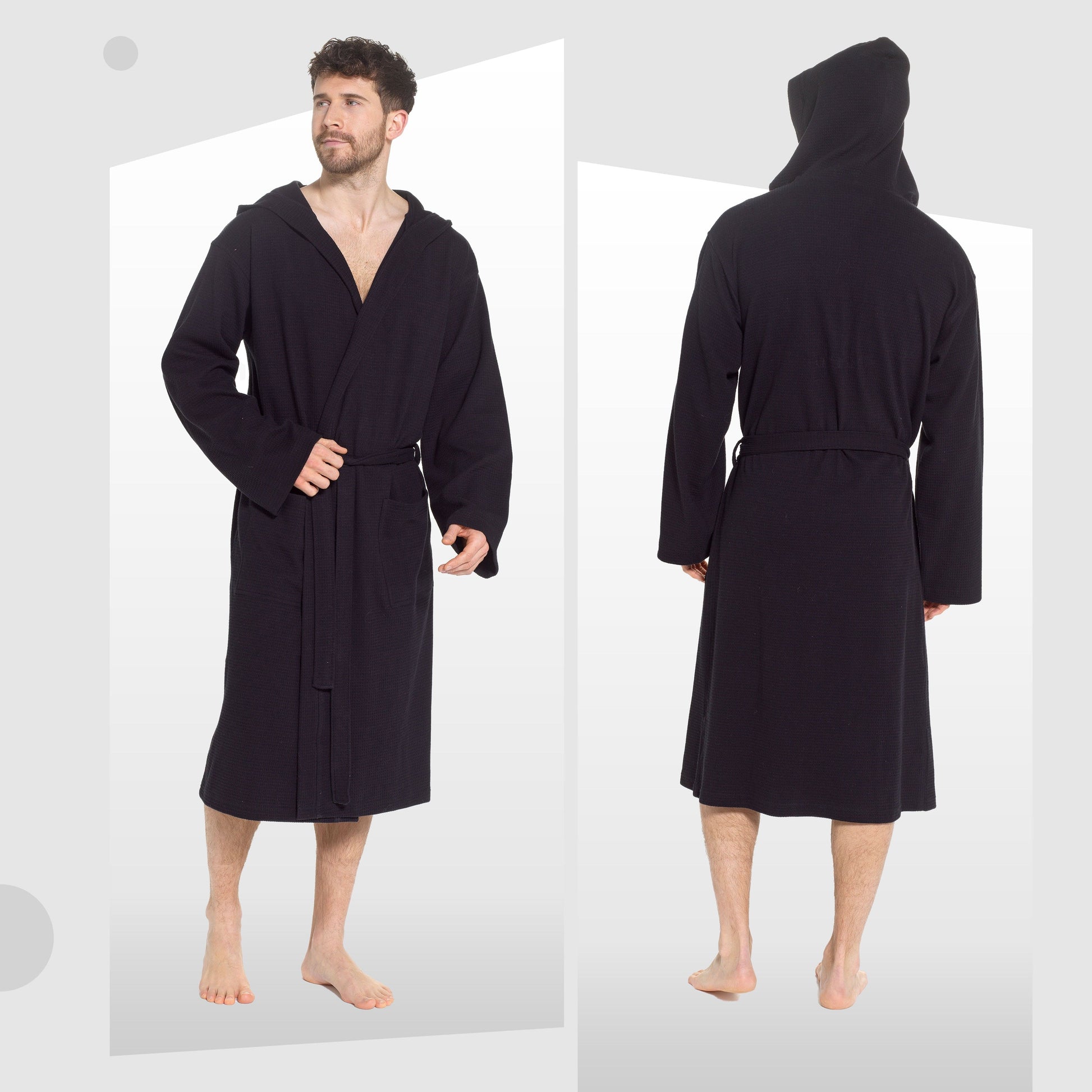 Men’s Hooded Waffle Cotton Bathrobe Black Super Absorbent Spa Robe Luxury Dressing Gown for Home & Loungewear by OLIVIA ROCCO Bathrobe