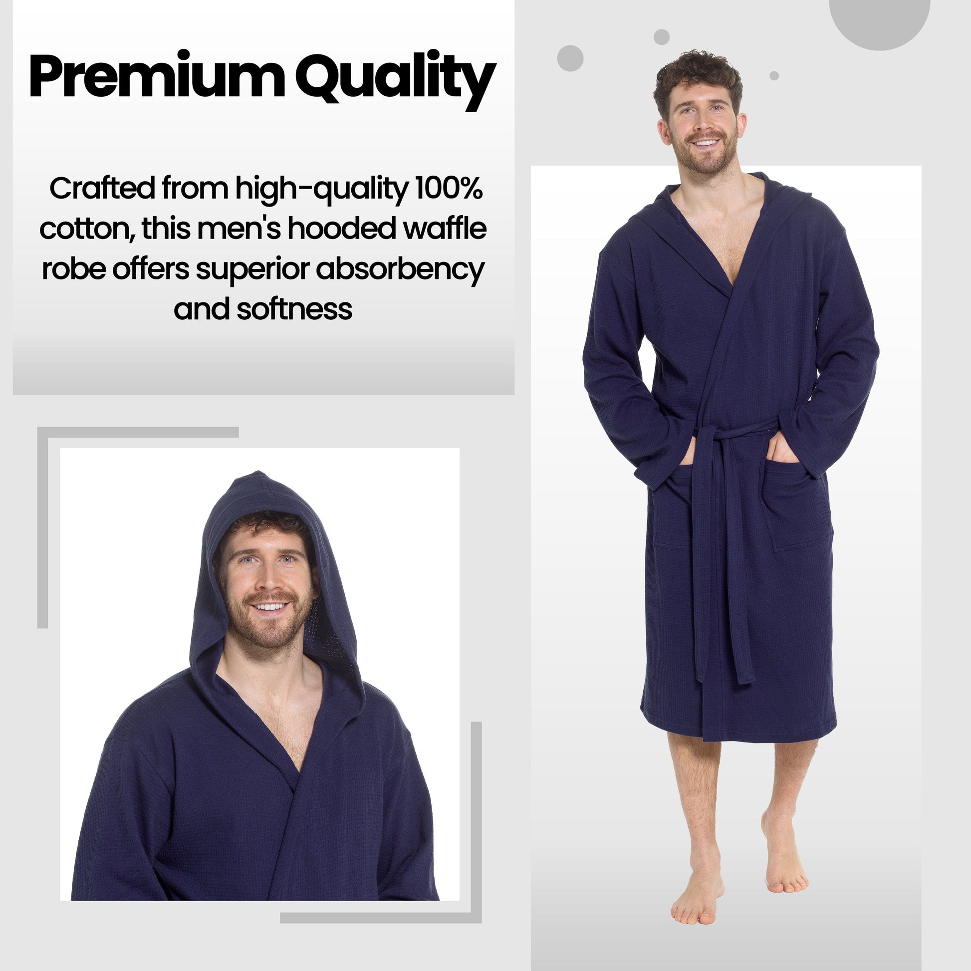 Men’s Hooded Waffle Cotton Bathrobe Navy Super Absorbent Spa Robe Luxury Dressing Gown for Home & Loungewear by OLIVIA ROCCO Bathrobe