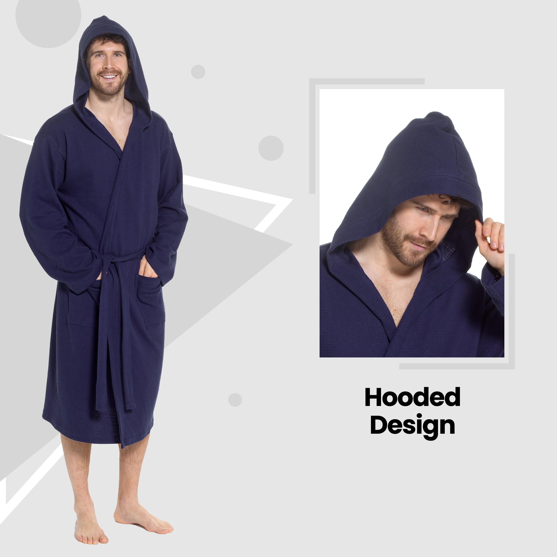 Men’s Hooded Waffle Cotton Bathrobe Navy Super Absorbent Spa Robe Luxury Dressing Gown for Home & Loungewear by OLIVIA ROCCO Bathrobe