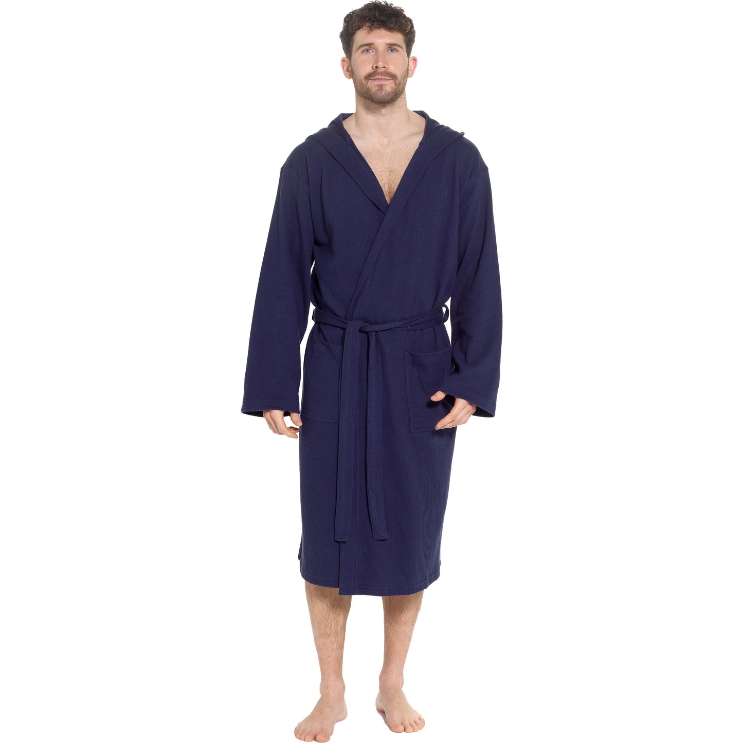 Men’s Hooded Waffle Cotton Bathrobe Navy Super Absorbent Spa Robe Luxury Dressing Gown for Home & Loungewear by OLIVIA ROCCO M/L / NAVY Bathrobe