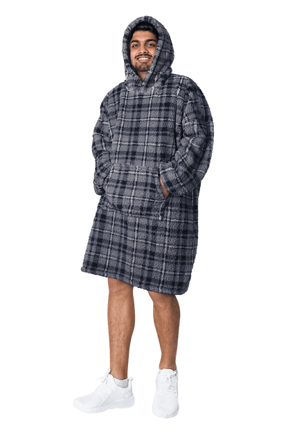 Men's Oversized Hooded Blanket Giant Sherpa Lined Hoodie with Hood and Pocket for Ultimate Warmth and Comfort Grey Stars by Daisy Dreamer BLUE CHECK Hooded Blanket