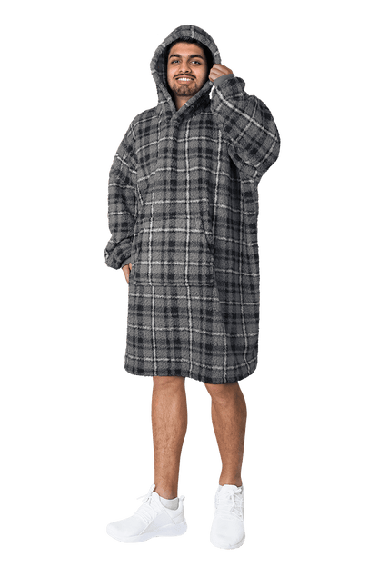 Men's Oversized Hooded Blanket Giant Sherpa Lined Hoodie with Hood and Pocket for Ultimate Warmth and Comfort Grey Stars by Daisy Dreamer GREY CHECK Hooded Blanket