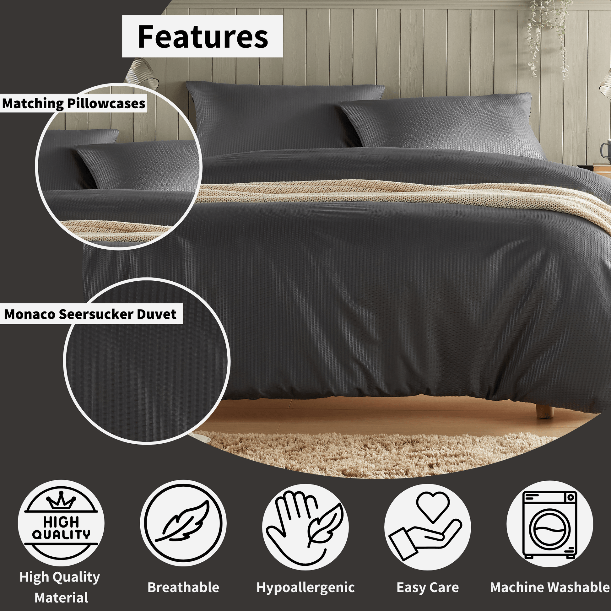 Monaco Seersucker Duvet Cover Set Super Soft Durable Bedding with Pillowcases Grey and White Single Double King by OLIVIA ROCCO Duvet Cover