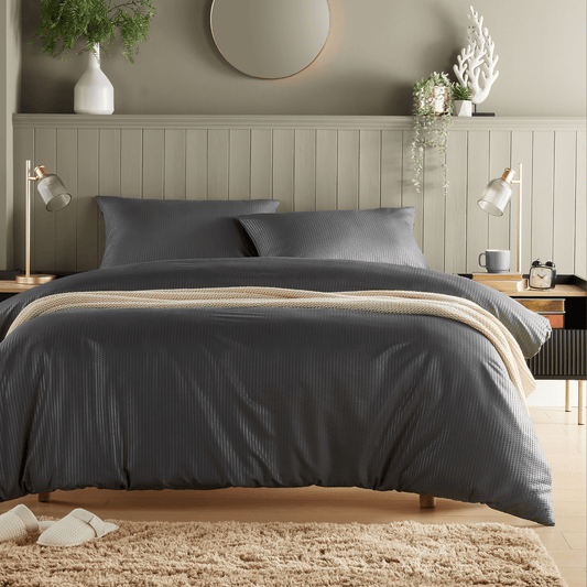 Monaco Seersucker Duvet Cover Set Super Soft Durable Bedding with Pillowcases Grey and White Single Double King by OLIVIA ROCCO SINGLE / GREY Duvet Cover