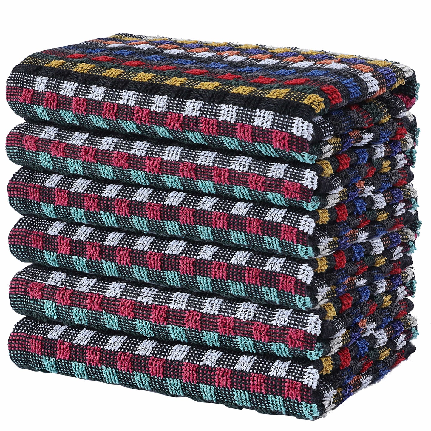 Multi Check Terry Tea Towels 100% Cotton Kitchen Towels Super Absorbent Quick Dry Set Dish Cloths by Olivia Rocco 6 Pack Tea Towel