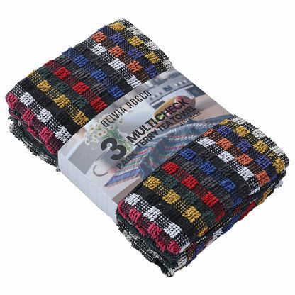 Multi Check Terry Tea Towels 100% Cotton Kitchen Towels Super Absorbent Quick Dry Set Dish Cloths by Olivia Rocco Tea Towel