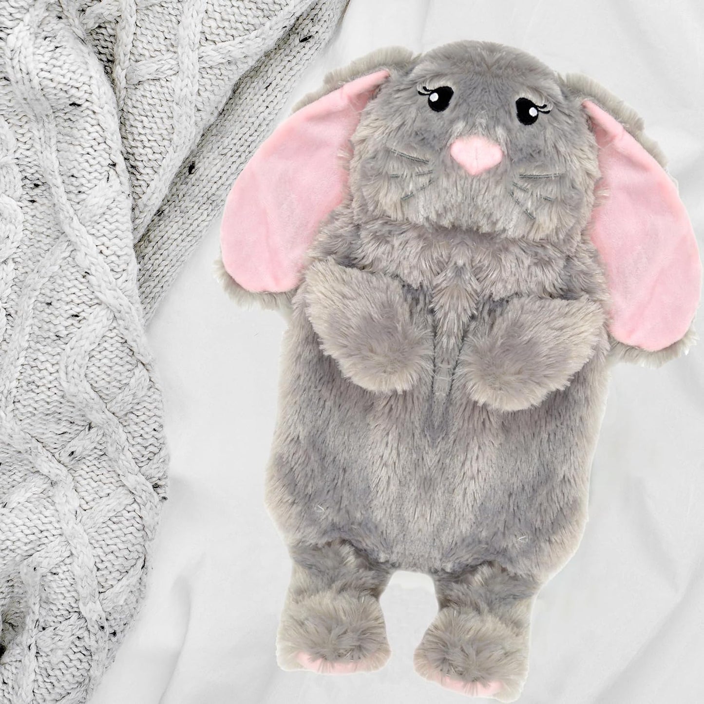 Novelty Animal Grey Bunny Hot Water Bottle with Fluffy Cover, 1L Natural Rubber Hot Water Bag for Kids and Adults Olivia Rocco Grey Bunny Hot Water Bottle