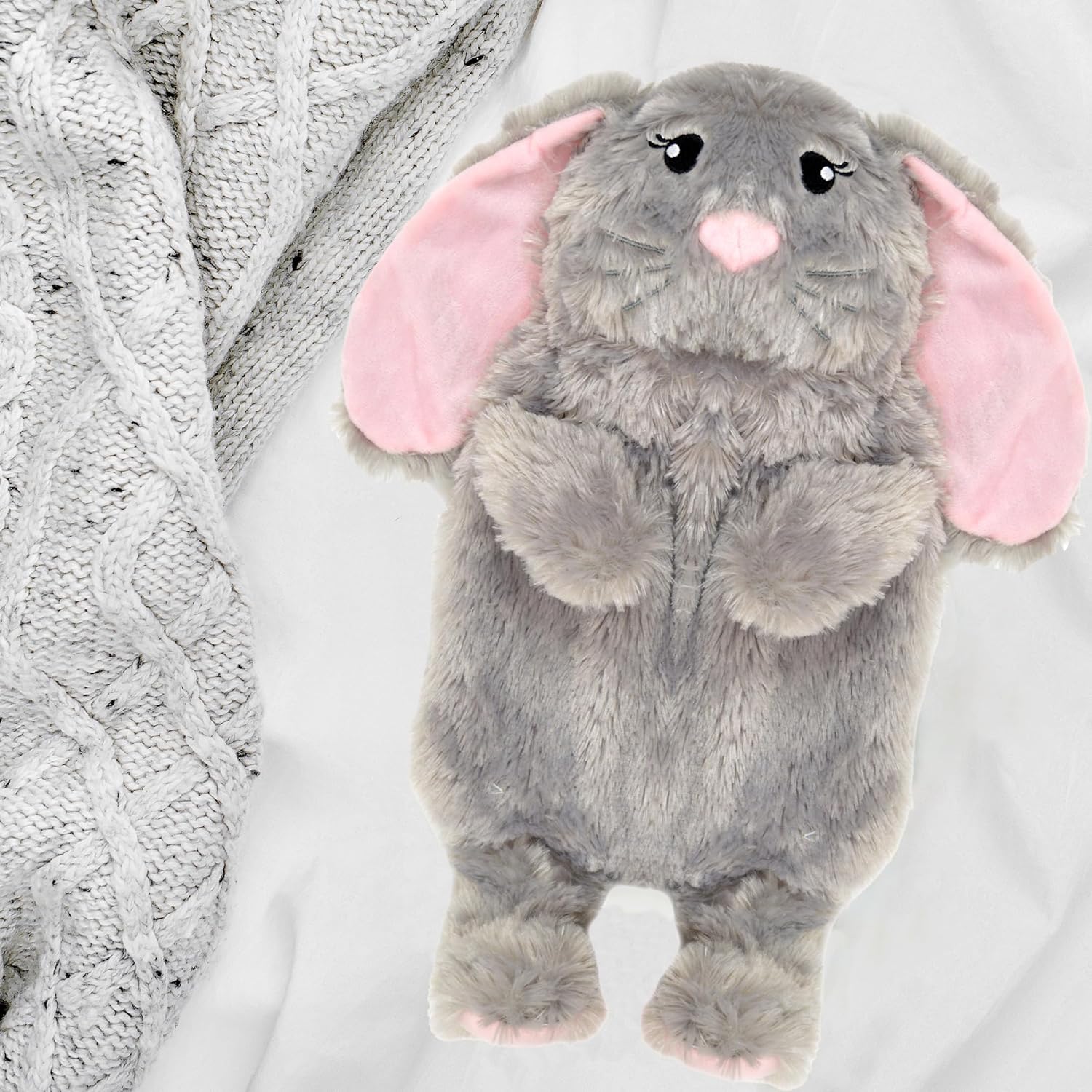 Novelty Animal Grey Bunny Hot Water Bottle with Fluffy Cover, 1L Natural Rubber Hot Water Bag for Kids and Adults Olivia Rocco Grey Bunny Hot Water Bottle