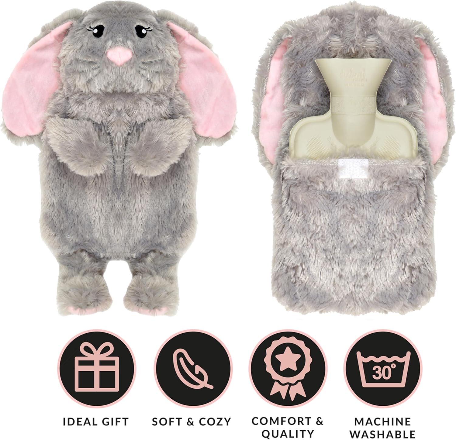 Novelty Animal Grey Bunny Hot Water Bottle with Fluffy Cover, 1L Natural Rubber Hot Water Bag for Kids and Adults Olivia Rocco Grey Bunny Hot Water Bottle
