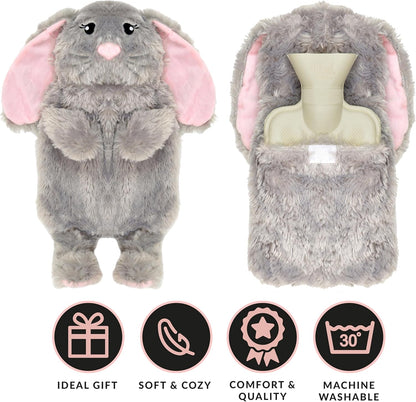Novelty Animal Grey Bunny Hot Water Bottle with Fluffy Cover, 1L Natural Rubber Hot Water Bag for Kids and Adults Olivia Rocco Grey Bunny Hot Water Bottle
