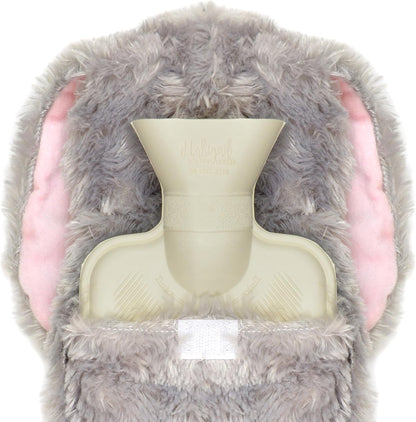Novelty Animal Grey Bunny Hot Water Bottle with Fluffy Cover, 1L Natural Rubber Hot Water Bag for Kids and Adults Olivia Rocco Grey Bunny Hot Water Bottle