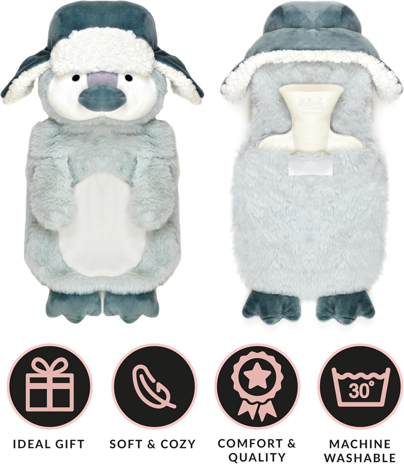 Novelty Animal Penguin Trapper Hot Water Bottle with Fluffy Cover, 1L Natural Rubber Hot Water Bag for Kids and Adults Olivia Rocco (Copy) Penguin Trapper Hot Water Bottle