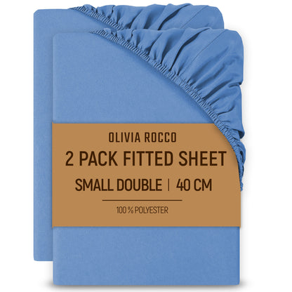 OLIVIA ROCCO 2 Pack Extra Deep Fitted Sheets 16 Inch Deep 40 cm Soft Brushed Microfibre Breathable Easy Care Bottom Sheet BLUE / 3/4 BED Fitted Sheet