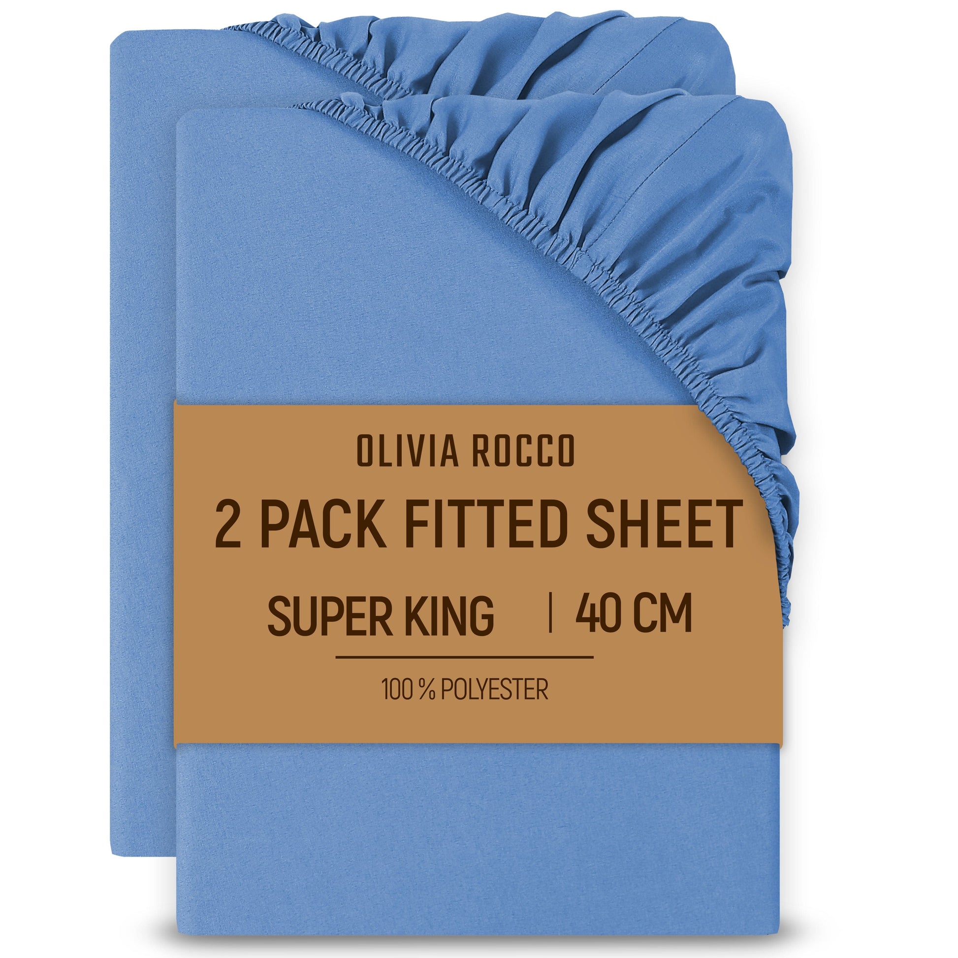 OLIVIA ROCCO 2 Pack Extra Deep Fitted Sheets 16 Inch Deep 40 cm Soft Brushed Microfibre Breathable Easy Care Bottom Sheet BLUE / SUPER KING Fitted Sheet