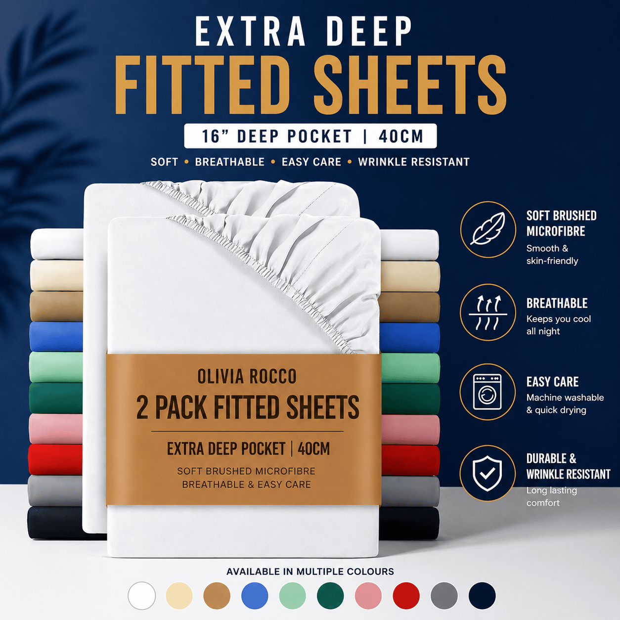 OLIVIA ROCCO 2 Pack Extra Deep Fitted Sheets 16 Inch Deep 40 cm Soft Brushed Microfibre Breathable Easy Care Bottom Sheet Fitted Sheet