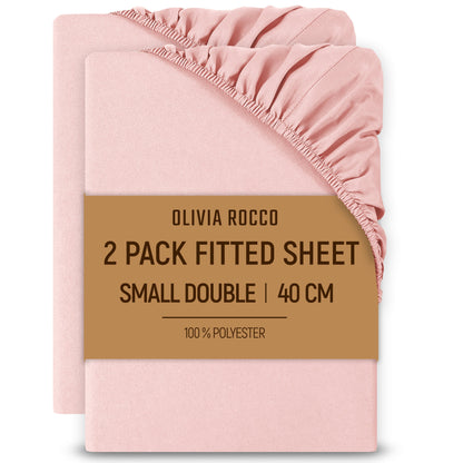 OLIVIA ROCCO 2 Pack Extra Deep Fitted Sheets 16 Inch Deep 40 cm Soft Brushed Microfibre Breathable Easy Care Bottom Sheet PINK / 3/4 BED Fitted Sheet