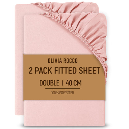 OLIVIA ROCCO 2 Pack Extra Deep Fitted Sheets 16 Inch Deep 40 cm Soft Brushed Microfibre Breathable Easy Care Bottom Sheet PINK / DOUBLE Fitted Sheet