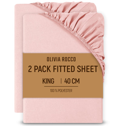 OLIVIA ROCCO 2 Pack Extra Deep Fitted Sheets 16 Inch Deep 40 cm Soft Brushed Microfibre Breathable Easy Care Bottom Sheet PINK / KING Fitted Sheet