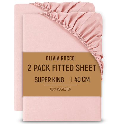 OLIVIA ROCCO 2 Pack Extra Deep Fitted Sheets 16 Inch Deep 40 cm Soft Brushed Microfibre Breathable Easy Care Bottom Sheet PINK / SUPER KING Fitted Sheet
