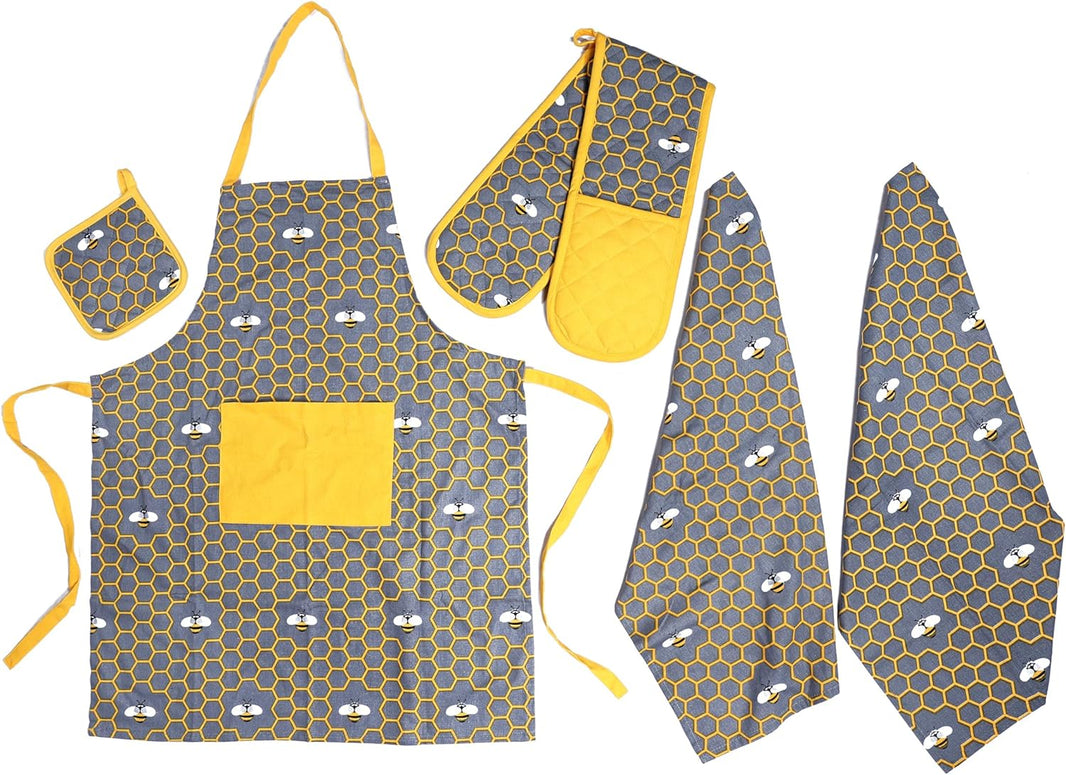 Kitchen Sets Apron Double Oven Gloves Towel Set Heat Resistant Oven Mitts Pot Holder for Home Kitchen Baking and Cooking Pack of 5 by OLIVIA ROCCO BEES Apron
