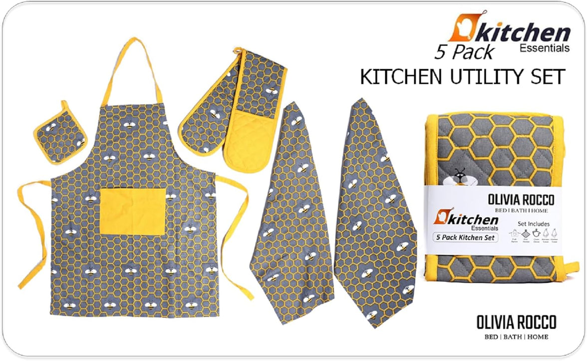 Kitchen Sets Apron Double Oven Gloves Towel Set Heat Resistant Oven Mitts Pot Holder for Home Kitchen Baking and Cooking Pack of 5 by OLIVIA ROCCO Apron