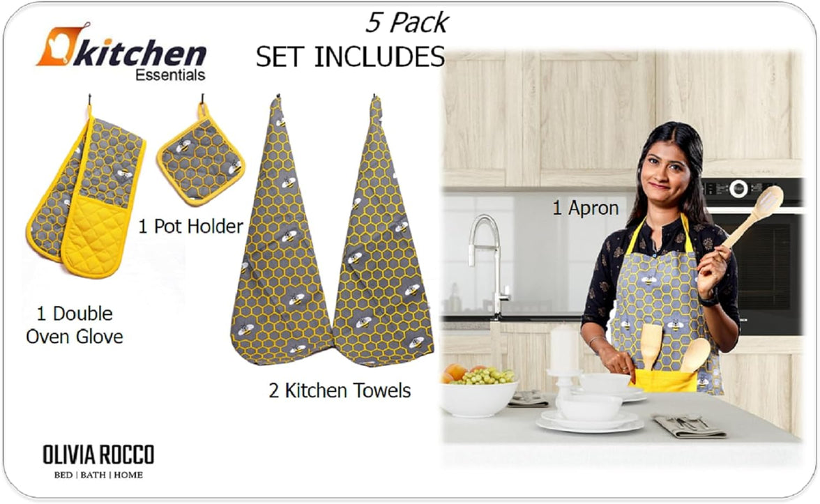 Kitchen Sets Apron Double Oven Gloves Towel Set Heat Resistant Oven Mitts Pot Holder for Home Kitchen Baking and Cooking Pack of 5 by OLIVIA ROCCO Apron