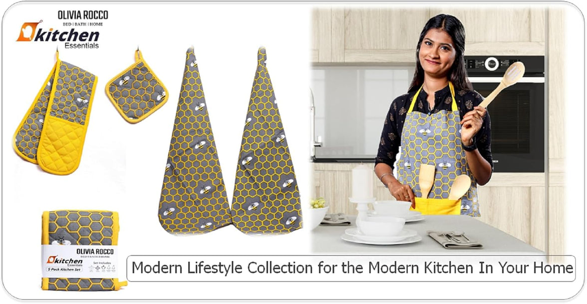 Kitchen Sets Apron Double Oven Gloves Towel Set Heat Resistant Oven Mitts Pot Holder for Home Kitchen Baking and Cooking Pack of 5 by OLIVIA ROCCO Apron
