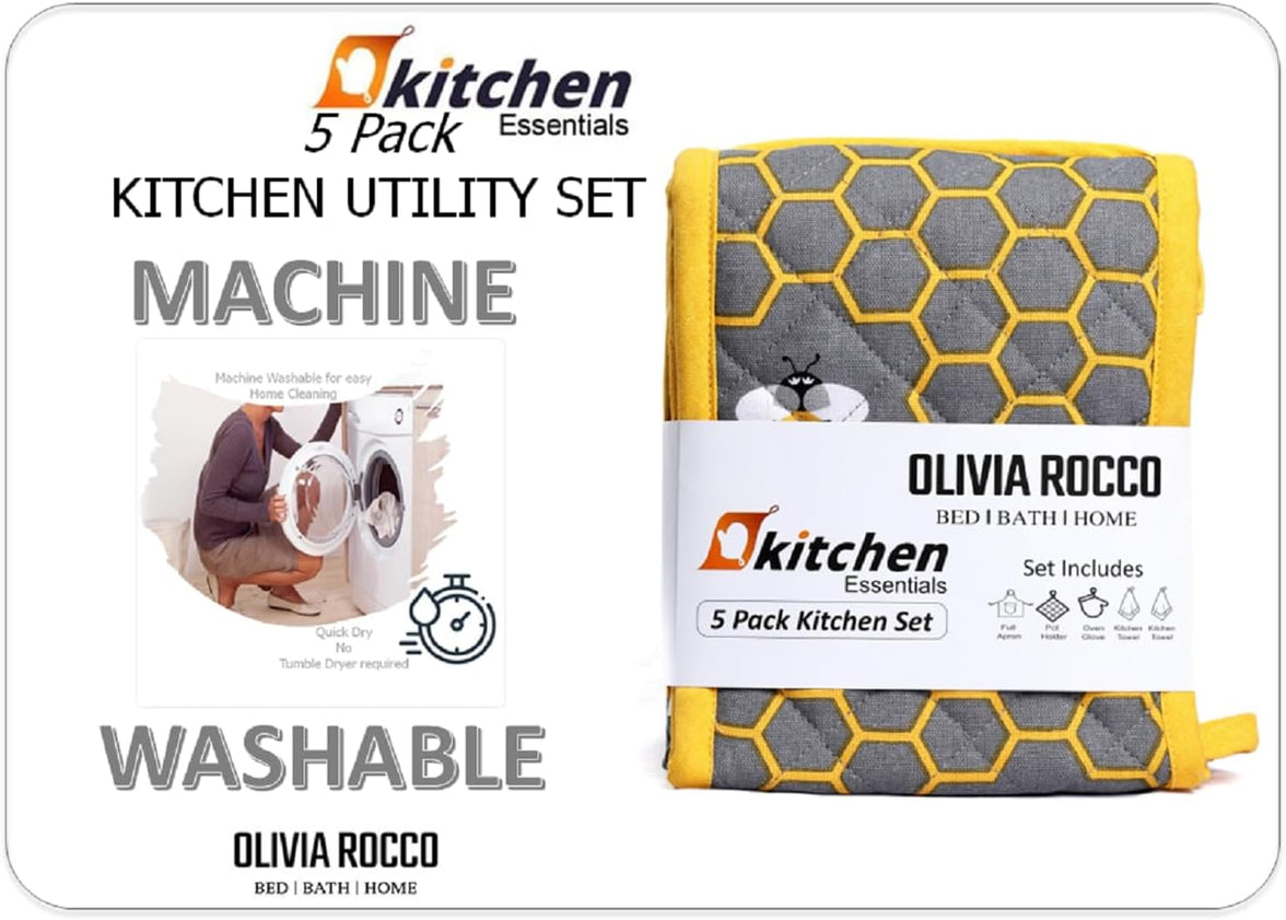 Kitchen Sets Apron Double Oven Gloves Towel Set Heat Resistant Oven Mitts Pot Holder for Home Kitchen Baking and Cooking Pack of 5 by OLIVIA ROCCO Apron