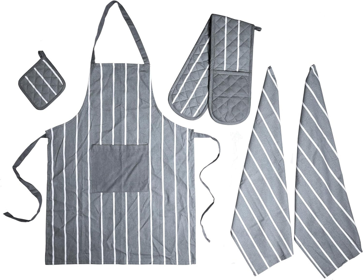 Kitchen Sets Apron Double Oven Gloves Towel Set Heat Resistant Oven Mitts Pot Holder for Home Kitchen Baking and Cooking Pack of 5 by OLIVIA ROCCO BUTCHER STRIPE GREY Apron