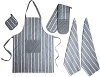 Kitchen Sets Apron Double Oven Gloves Towel Set Heat Resistant Oven Mitts Pot Holder for Home Kitchen Baking and Cooking Pack of 5 by OLIVIA ROCCO BUTCHER STRIPE GREY Apron